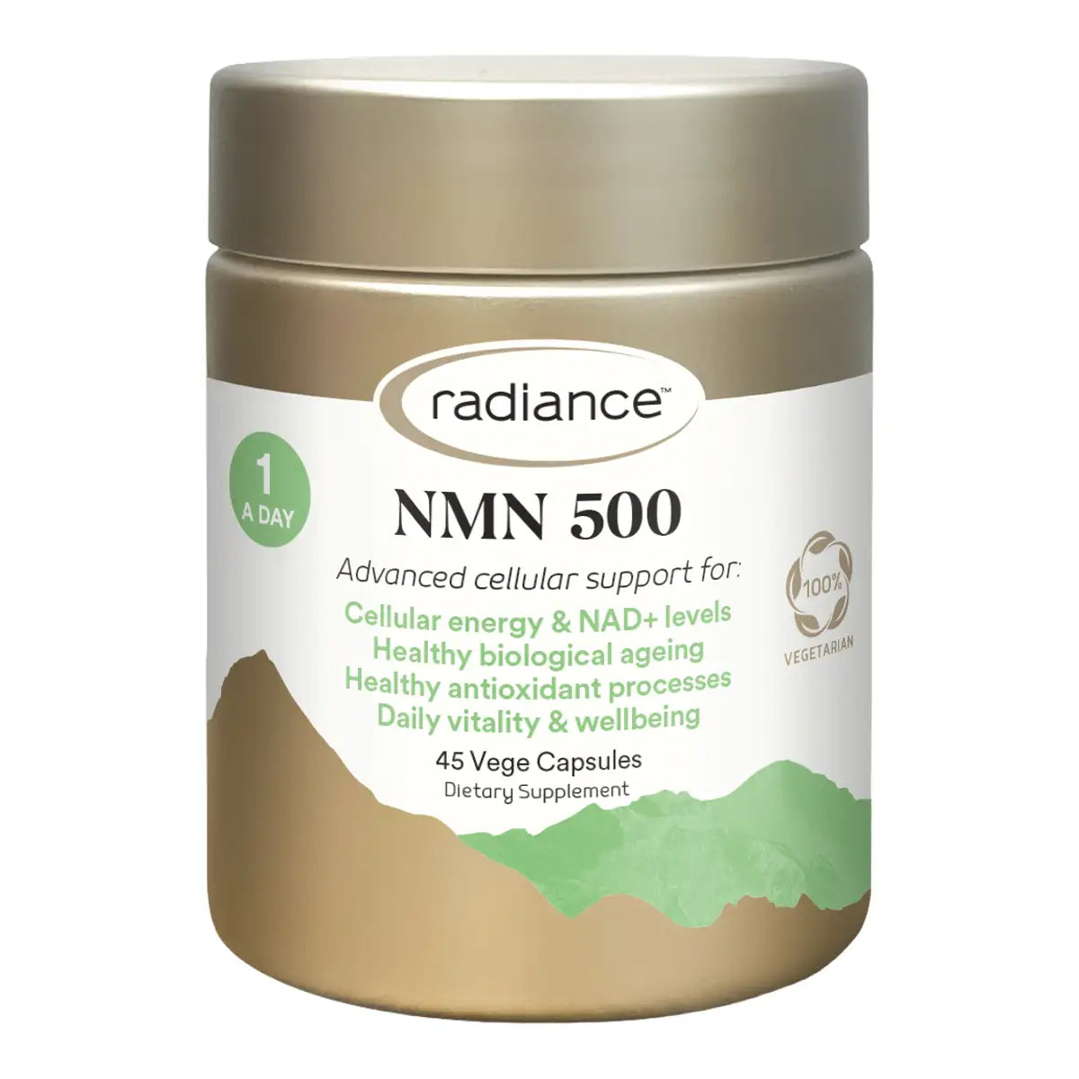 A jar of Radiance NMN 500 dietary supplement capsules on a plain white background. The container is a metallic taupe-brown color with a matching lid, featuring a white label with green text and accents.