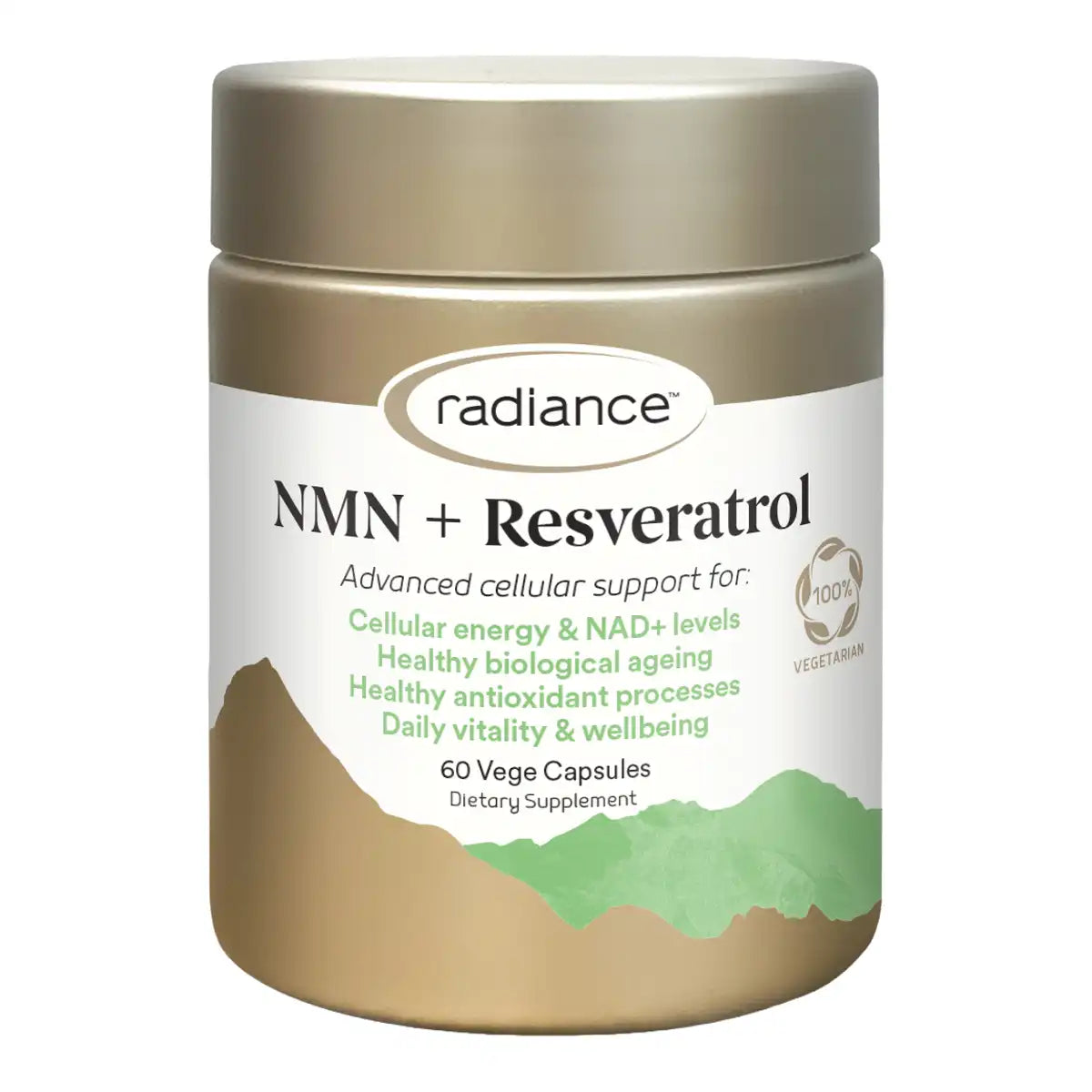 A jar of Radiance NMN + Resveratrol dietary supplement capsules, featuring a metallic gold container and a white label with green accents.