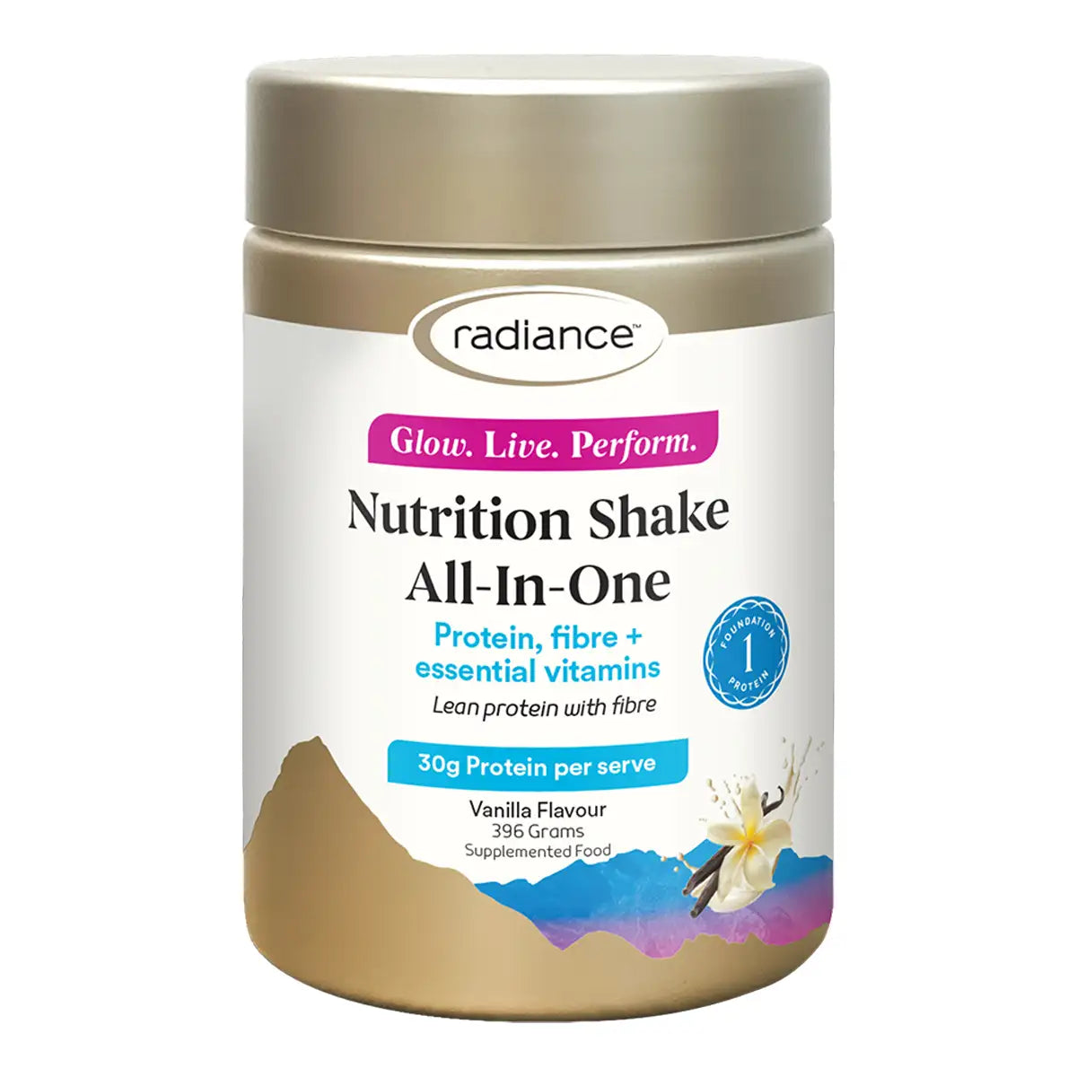 A jar of Radiance Nutrition Shake All-In-One protein powder in vanilla flavor, featuring a white label with a colourful graphic.