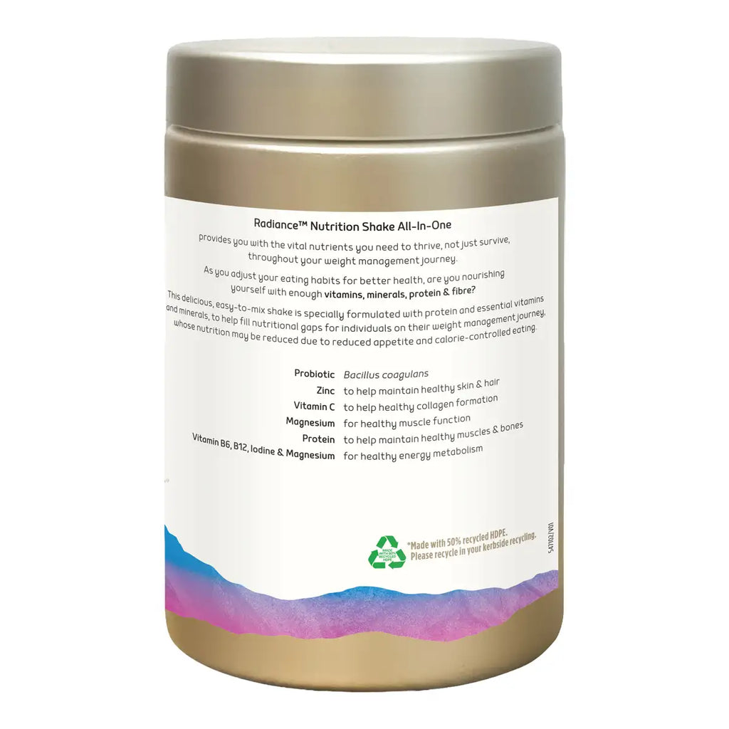 A cylindrical plastic tub of Radiance Nutrition Shake All-In-One powder featuring a white label and multicolor graphic at the bottom.