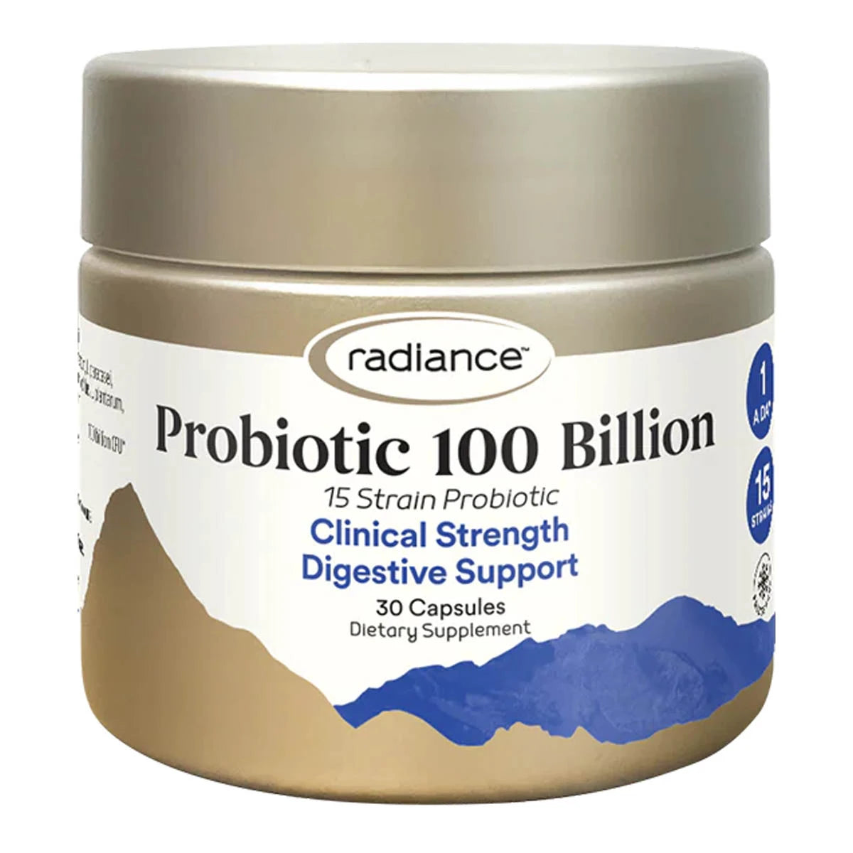 Radiance Probiotic 100 Billion supplement jar on a white background