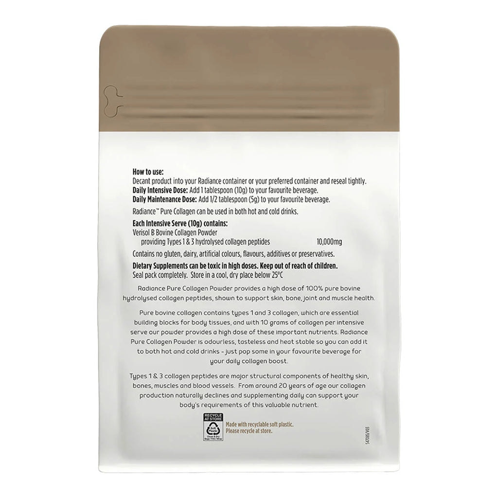 Back of Radiance Pure Collagen Powder with usage instructions, ingredients and more product information.