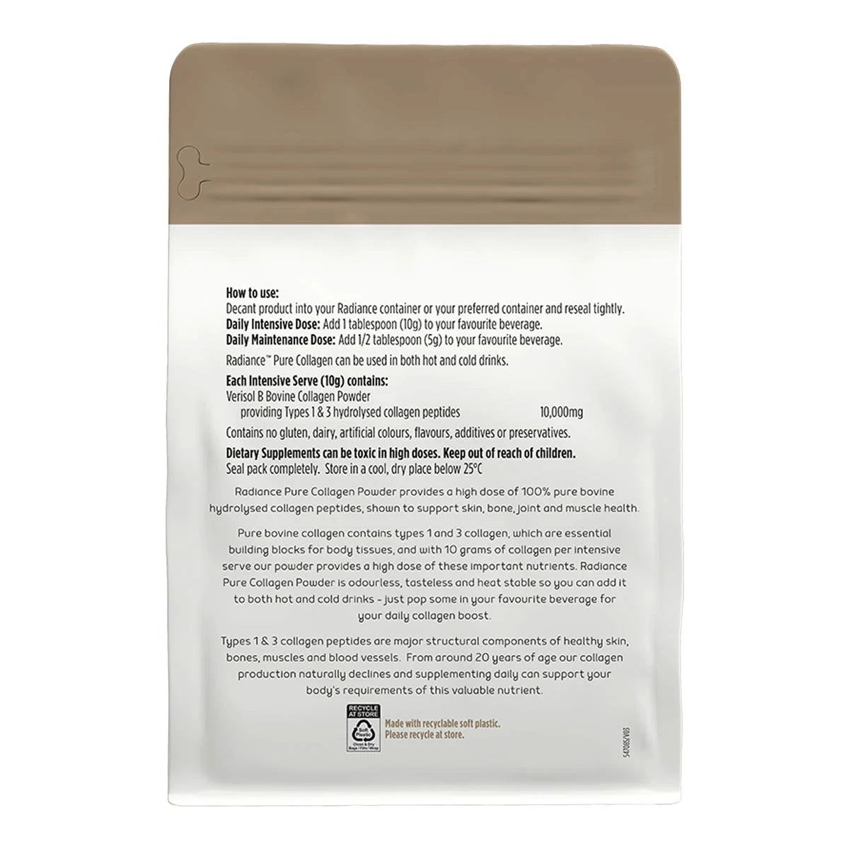 Back of Radiance Pure Collagen Powder with usage instructions, ingredients and more product information.