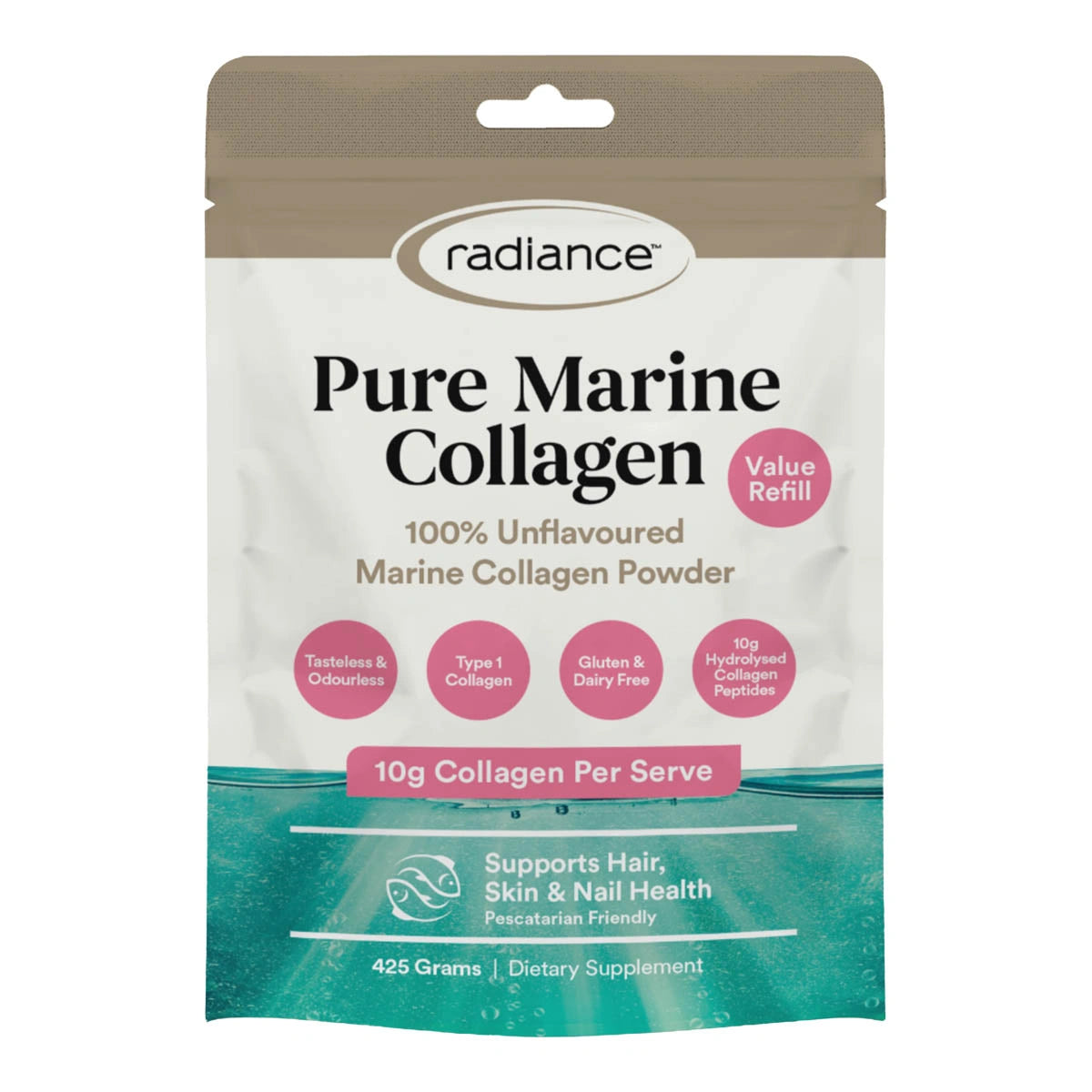 425g of Pure Marine Collagen in a resealable pouch.