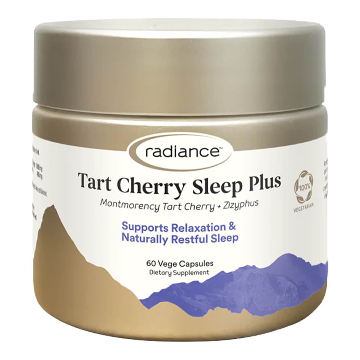 Jar of Radiance Tart Cherry Sleep Plus supplement on a white background