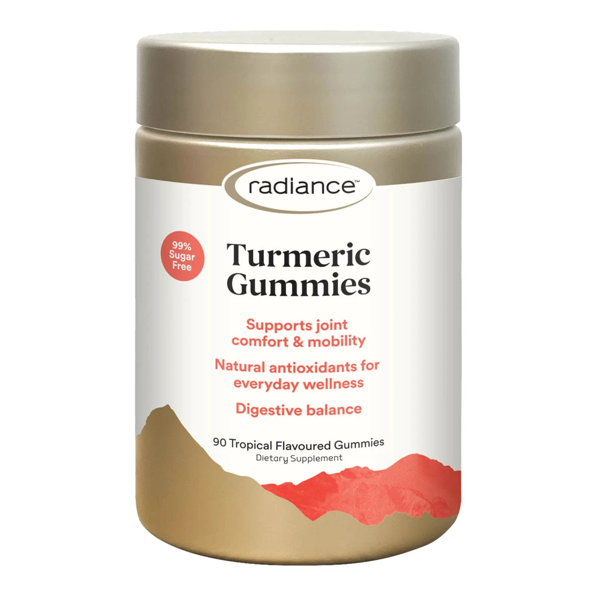A bottle of Radiance Turmeric Gummies on a plain white background. The bottle is a gold plastic container, featuring a white label with black and red text. Supports joint comfort & mobility. Natural antioxidants for everyday wellness.