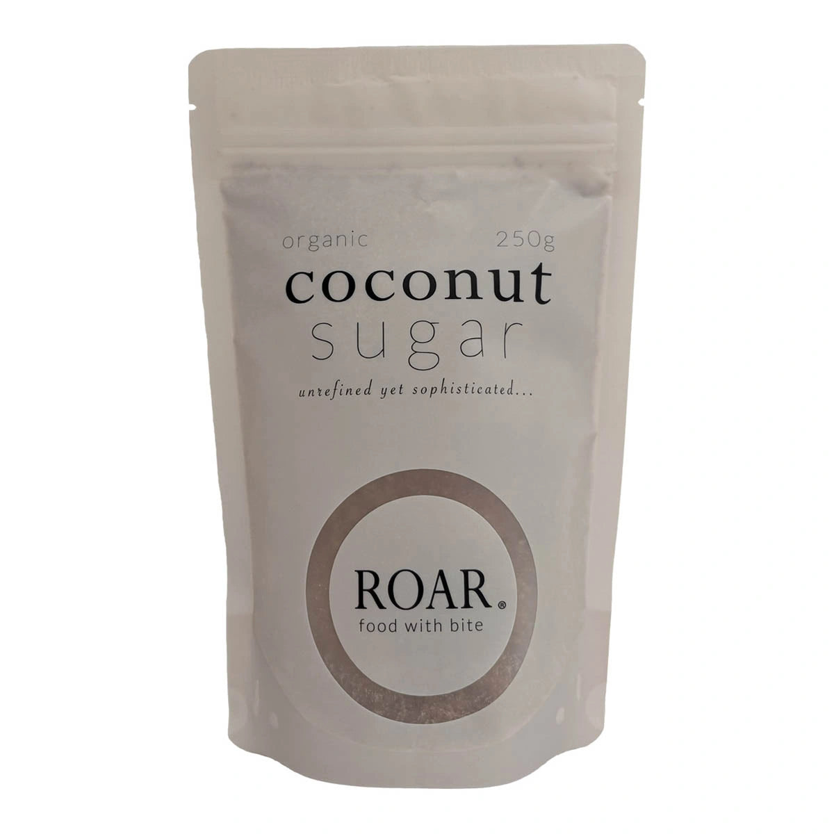 250g package of coconut sugar by ROAR on a white background