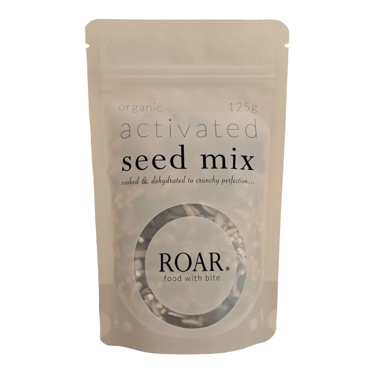 Beige package of ROAR organic activated seed mix on a white background.