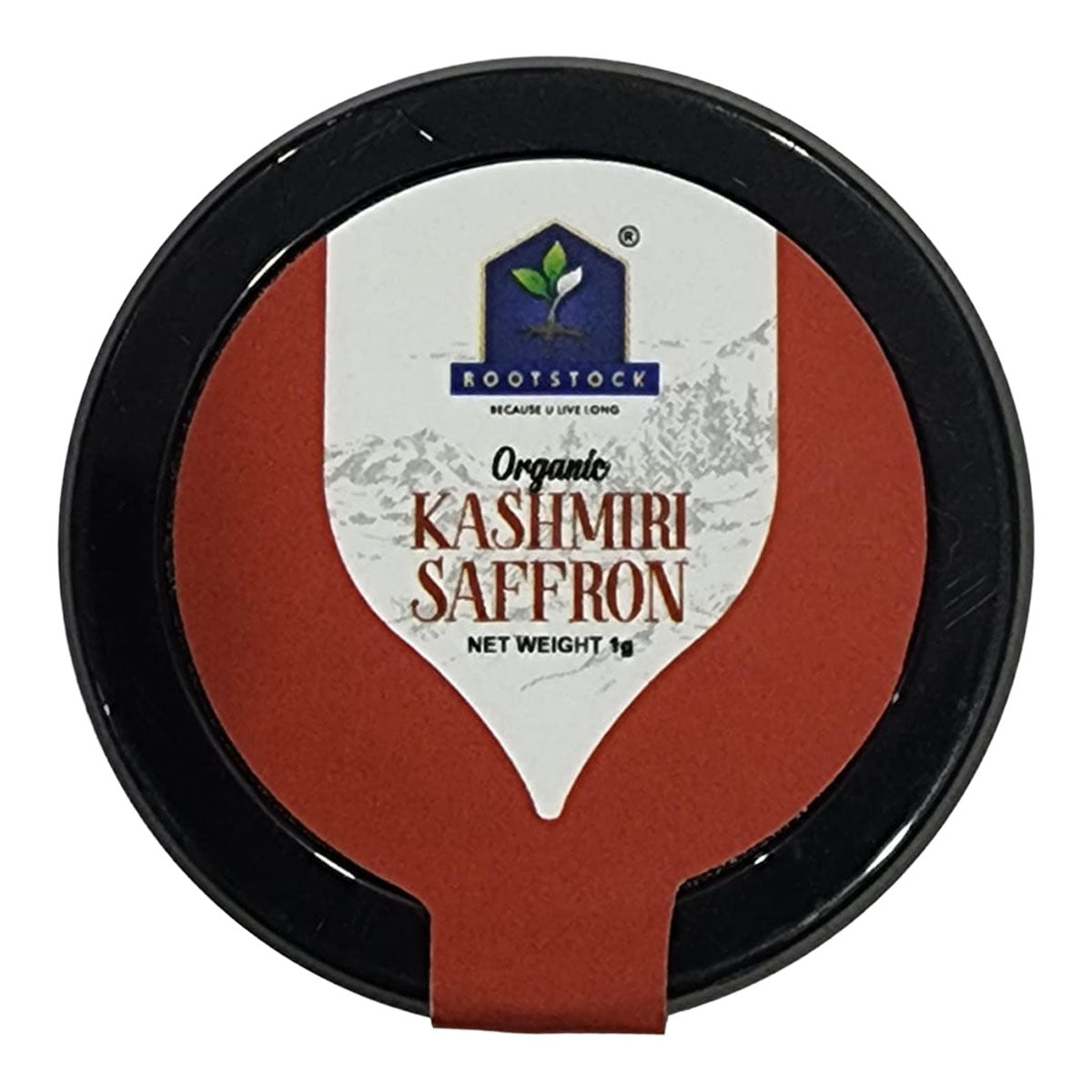 Container of organic Kashmiri saffron with 'Rootstock' branding on a white background