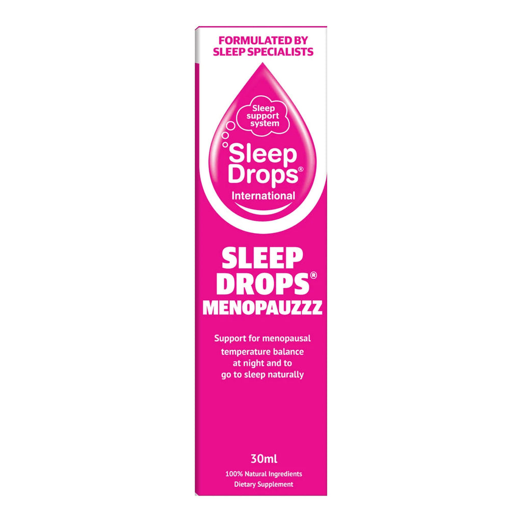 A tall, narrow pink box for Sleep Drops International Sleep Drops Menopauzzz dietary supplement, shown against a plain white background.