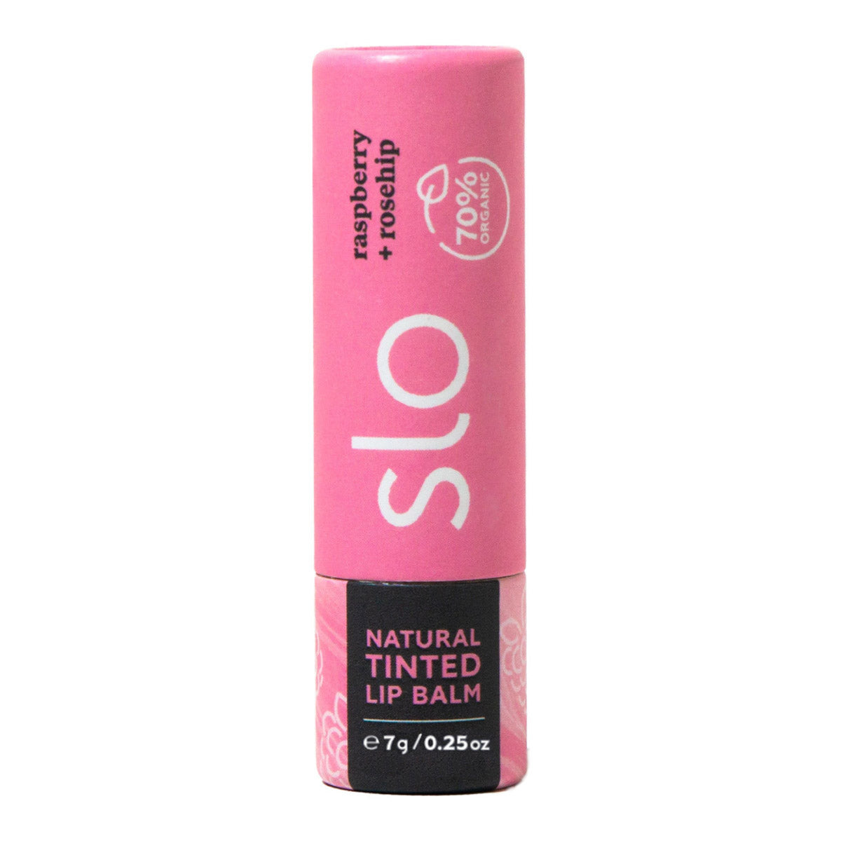 Pink cardboard tube of Slo Natural Tinted Lip Balm - raspberry & rosehip. 