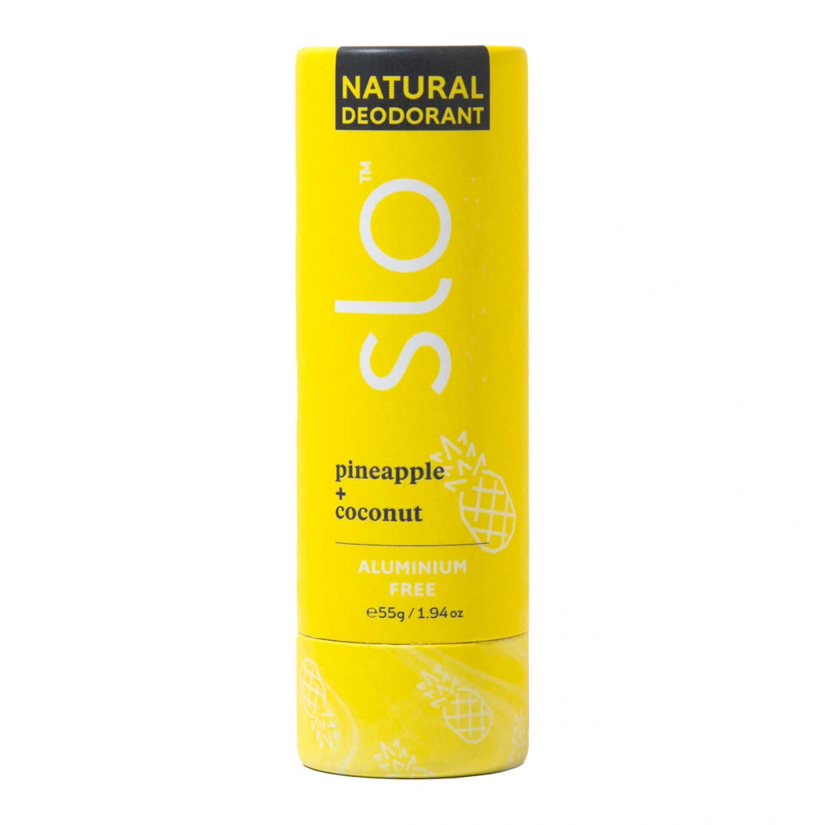 Yellow cardboard tube of Slo Pineapple + Coconut stick deodorant. Aluminium free. 