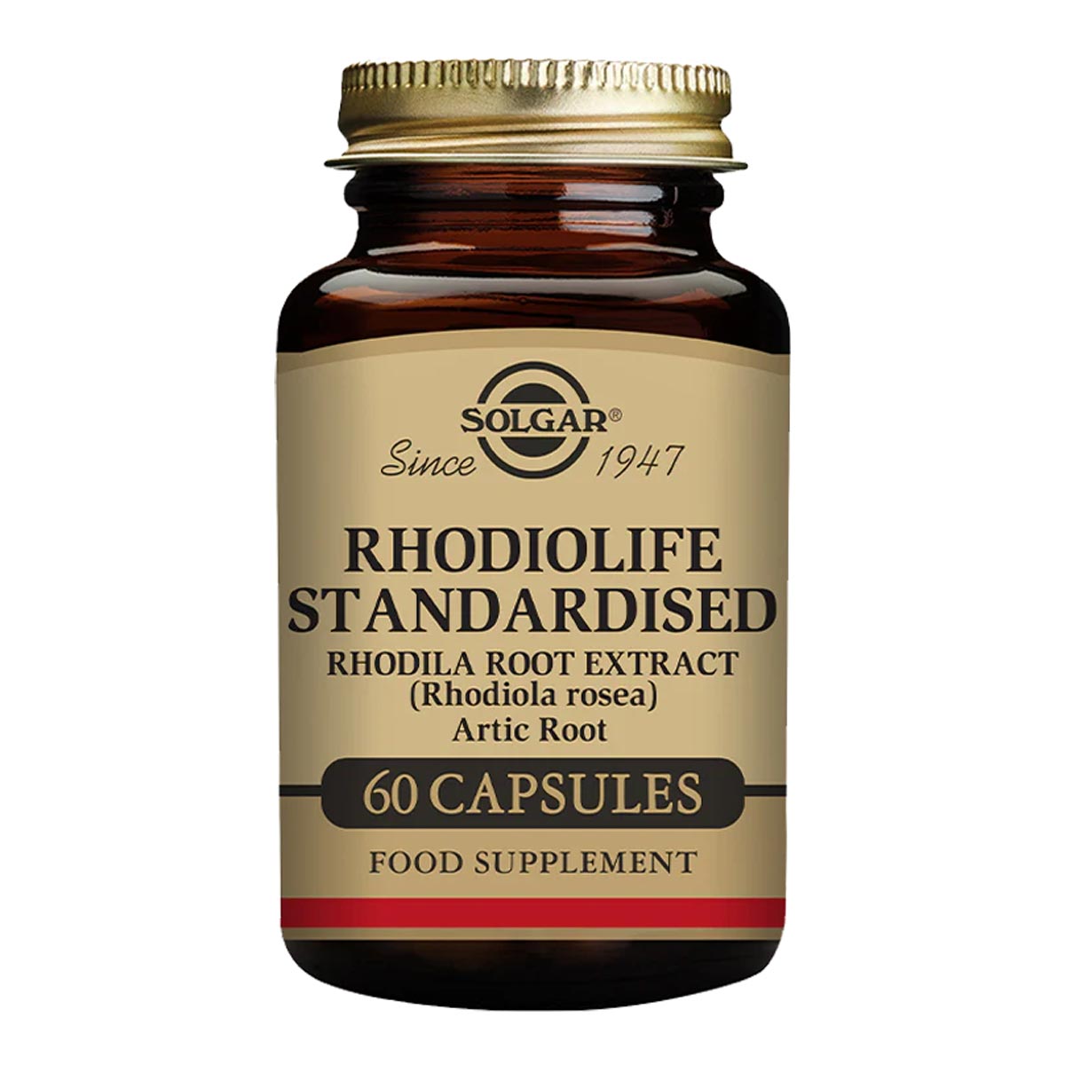 Solgar Rhodiolife Standardised supplement bottle on a white background. 60 capsules.