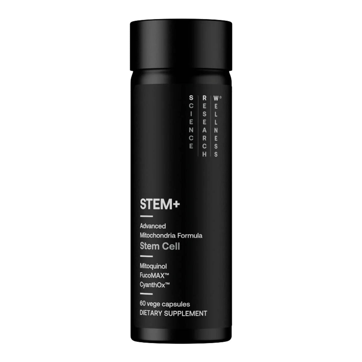 Black supplement bottle labeled 'STEM+' on a white background