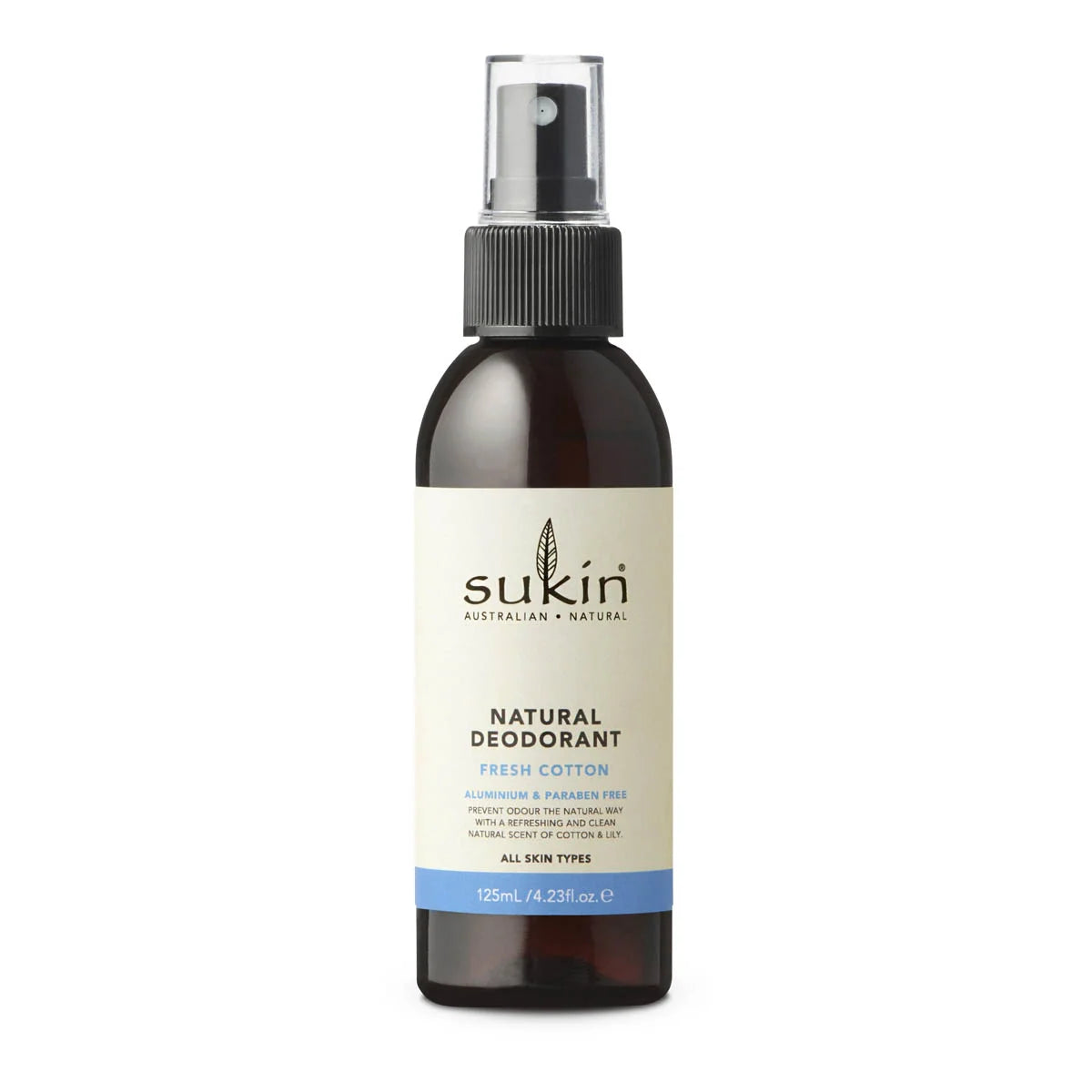 125ml spray bottle of Sukin natural deodorant - fresh cotton. Aluminium & paraben free.