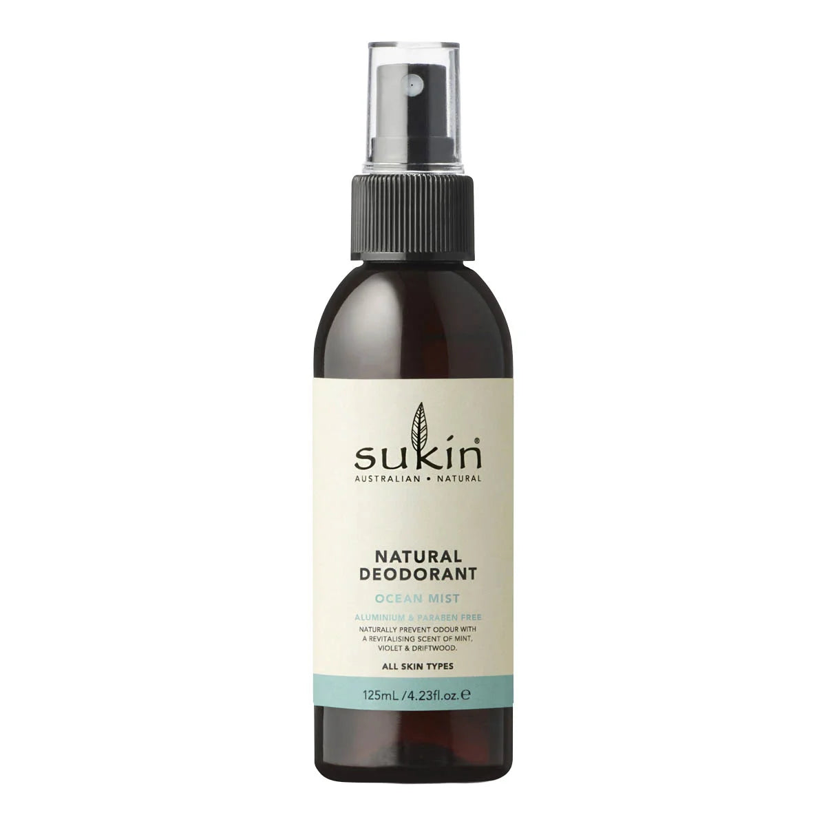 125ml bottle of Sukin Natural Deodorant - Ocean Mist. Aluminium & paraben free.