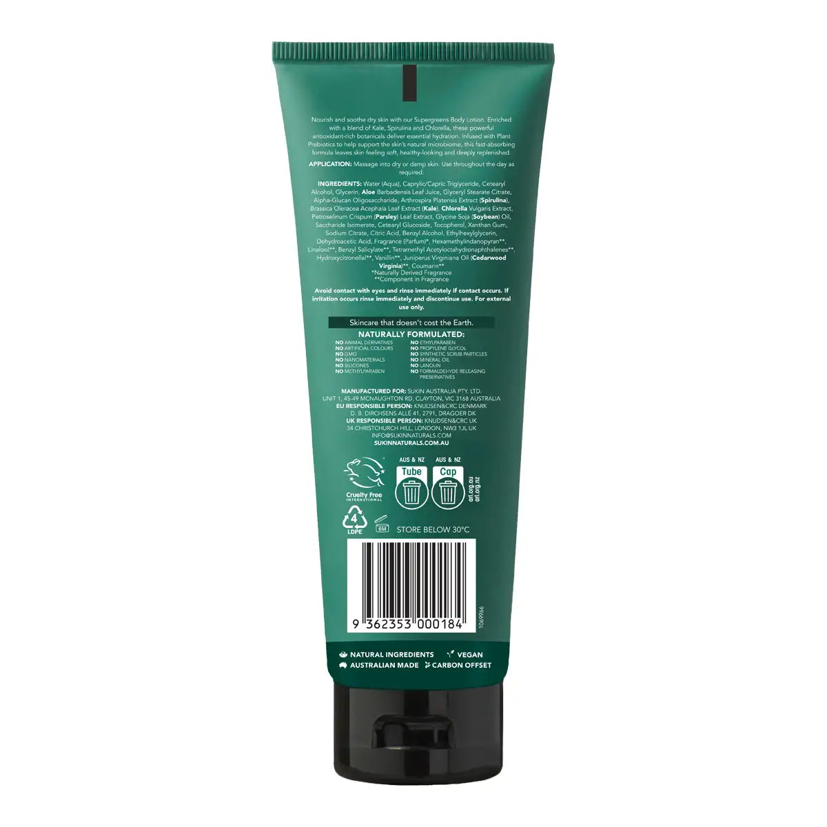 The back of a dark green squeeze tube with white text, a barcode, and a black cap, shown on a plain white background.