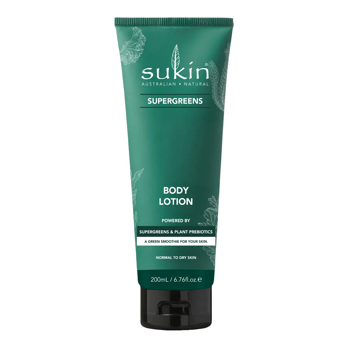 A 200ml squeeze tube of Sukín Supergreens Body Lotion, featuring a dark green body with white text and a black flip-top cap.