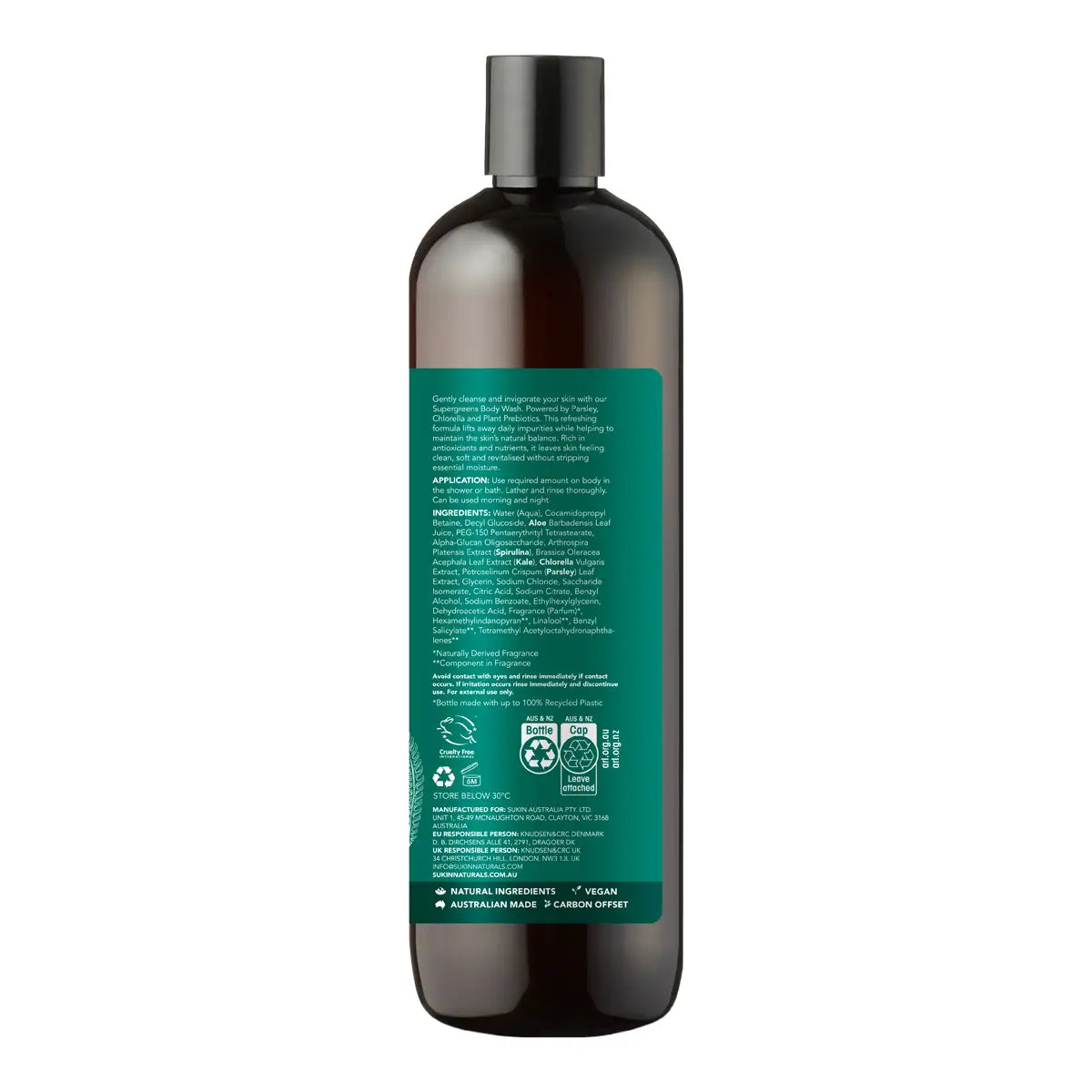 A dark amber-brown bottle of hair care product shown from the back, featuring a dark green label with white text and recycling symbols, set against a plain white background.