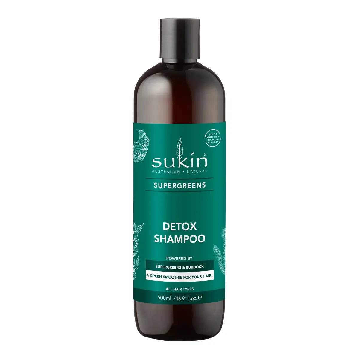 A 500ml bottle of Sukin Supergreens Detox Shampoo, featuring a dark amber-brown bottle and a prominent teal green label with white text, set against a plain white background.