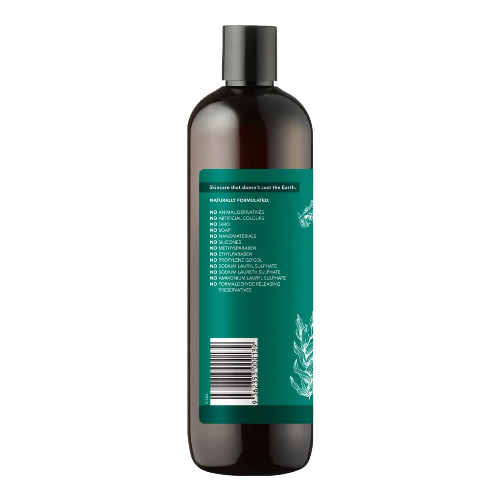 A dark amber brown bottle with a black cap and a prominent teal-green label showing product details and a barcode, set against a plain white background.