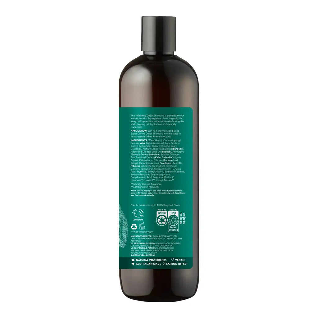 A dark amber bottle with a black cap and a green label showing the back instructions and ingredients, isolated on a white background.