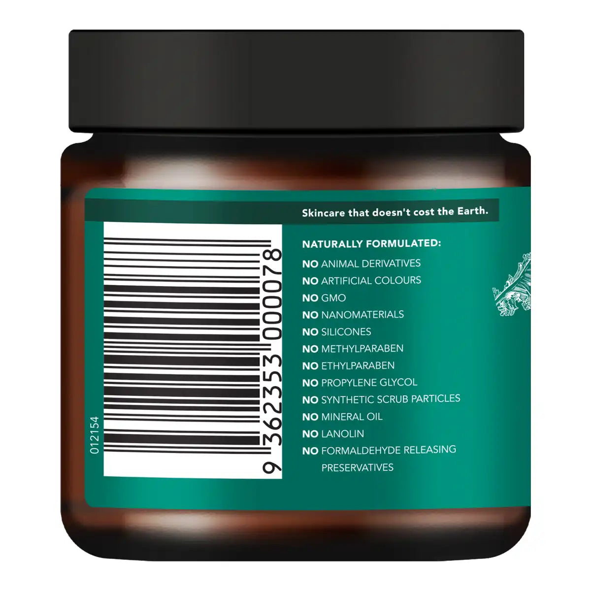 An amber glass jar with a black lid, featuring a prominent teal green label with a barcode and product certification text.