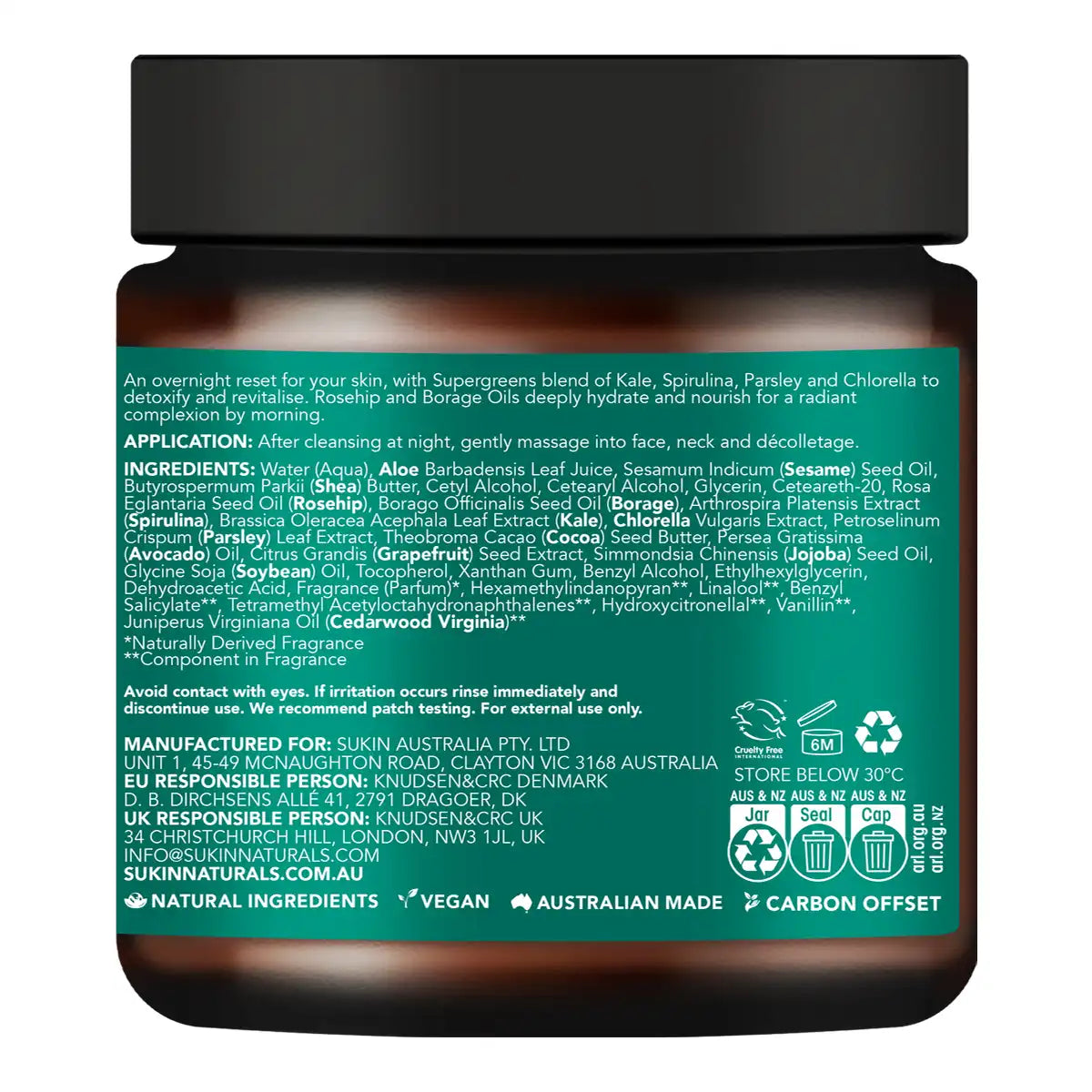 A dark amber glass bottle of skincare serum with a black cap, showing the back of the label with green text detailing ingredients, application, and Australian-made features.