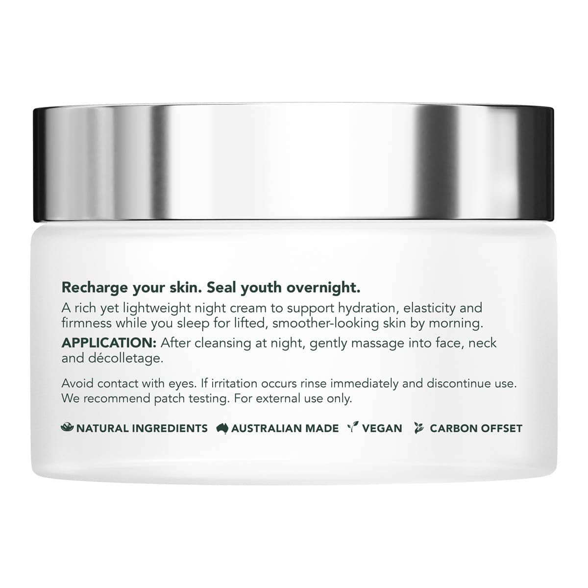 Skincare jar with silver lid and white body on a white background.