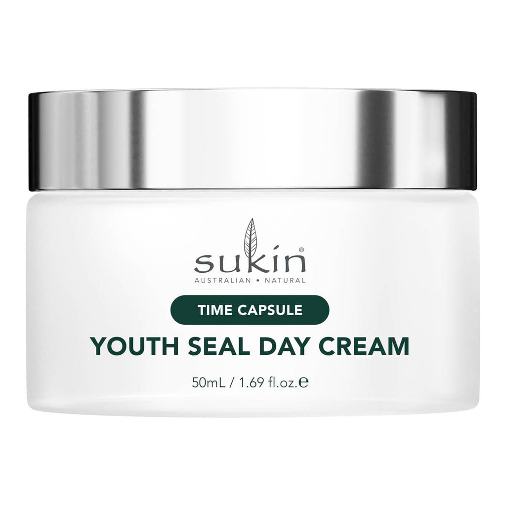 Sukin Youth Seal Day Cream jar with silver lid on a white background.