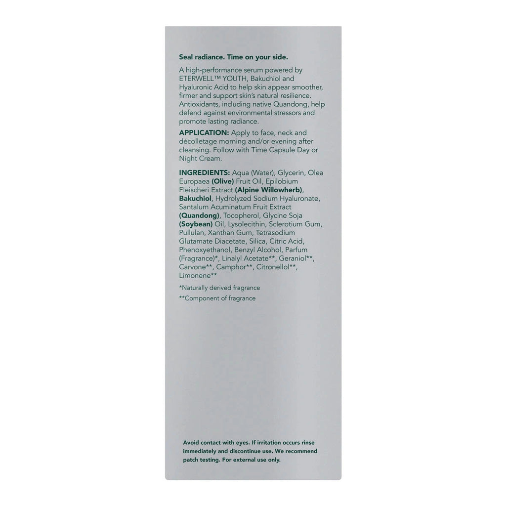 Back of box packaging of Sukin Time Capsules Future Proof Serum showing ingredients, usage instructions and product benefits.