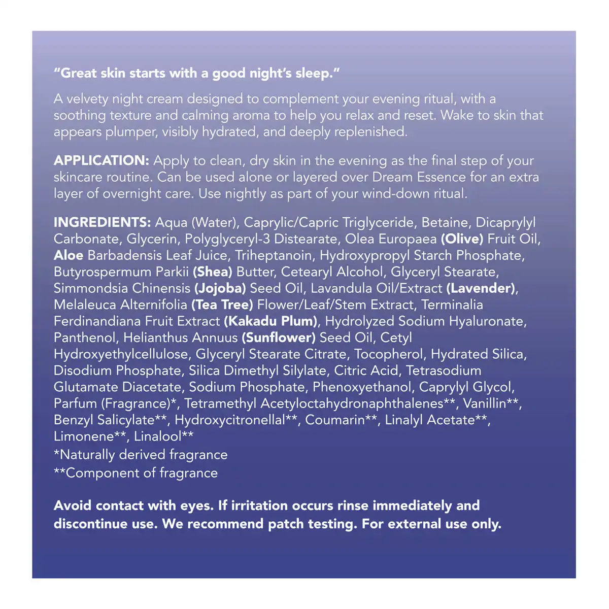 Back of Sukin Zen Skin Fluffy Dream Cream with ingredients, application and product benefits. 