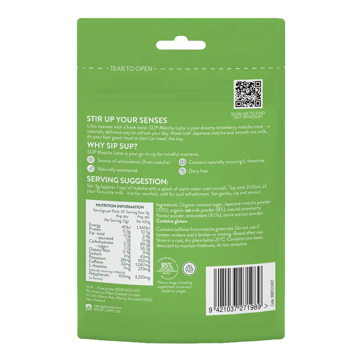 Back view of SUP Matcha Latte in strawberry flavour, green pouch with white text showing a description, serving suggestion, nutrition information, and ingredients.
