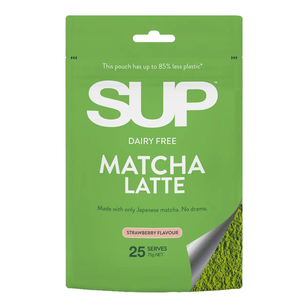 Front view of SUP Matcha Latte in strawberry flavour, green pouch with white text.