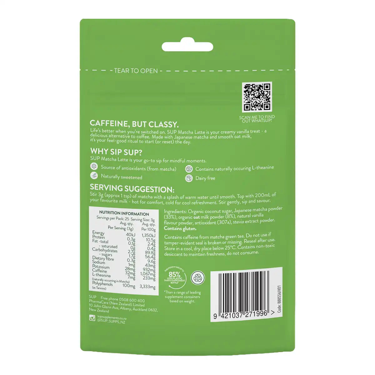 Back view of SUP Matcha Latte in vanilla flavour, green pouch with white text showing a description, serving suggestion, nutrition information, and ingredients.