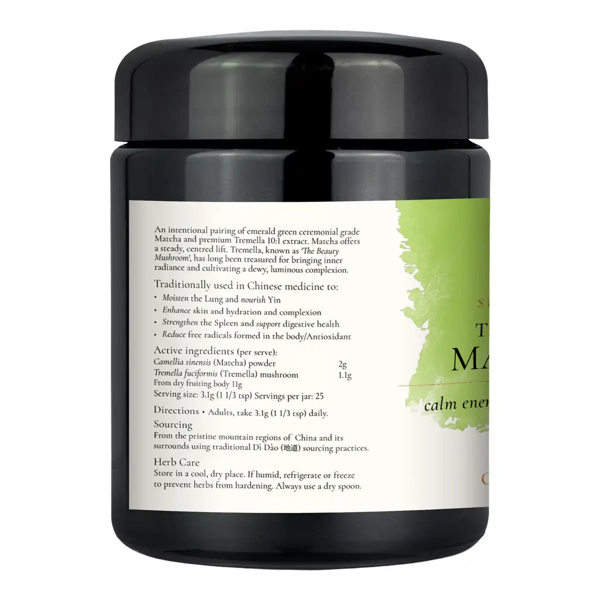Black jar of Tremella Matcha with a white and green label showing the product description, ingredients, and directions.