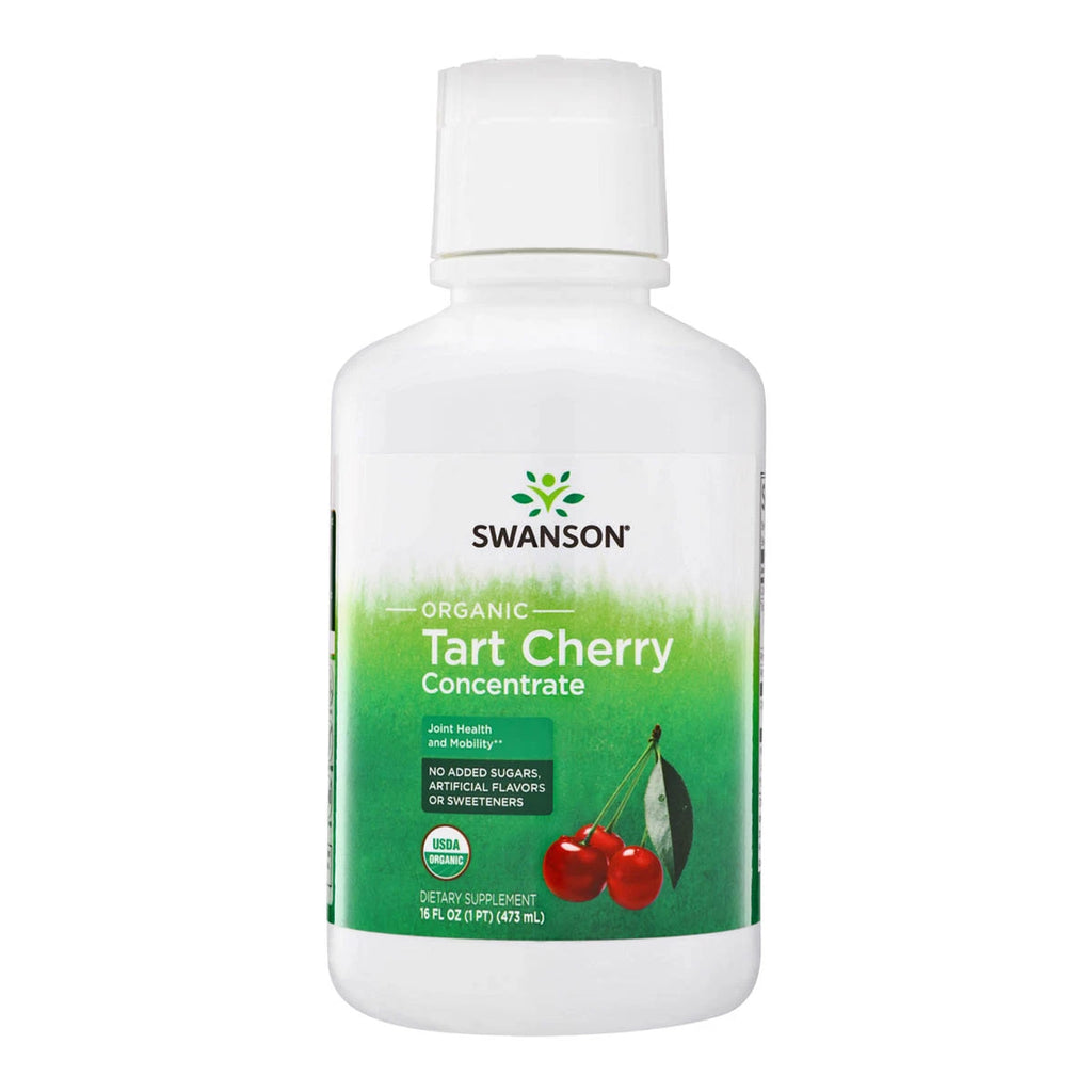 A white plastic bottle of Swanson Organic Tart Cherry Concentrate with a green and white label, shown on a plain white background.