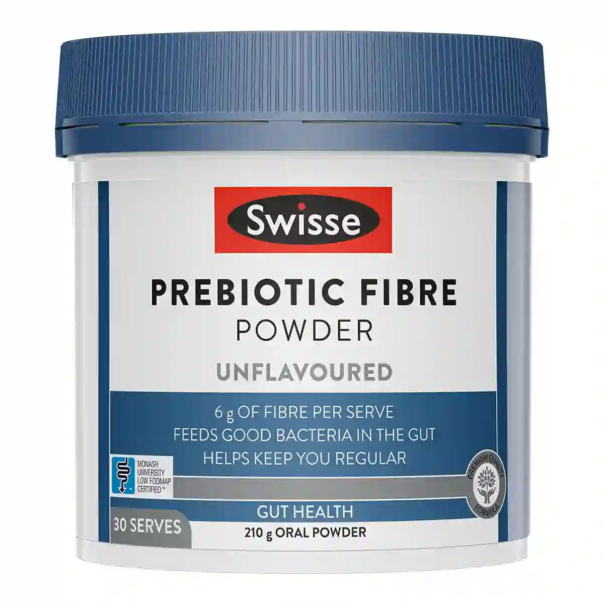 A white plastic tub of Swisse Prebiotic Fibre Powder with a dark blue lid.