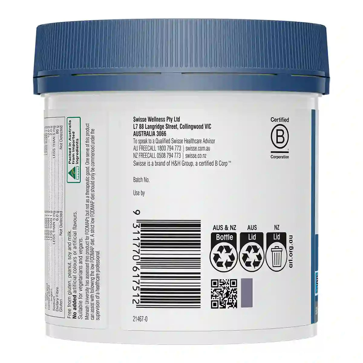 Back view of a white plastic supplement jar with a blue lid, showing the back label with text, a barcode, and recycling symbols.