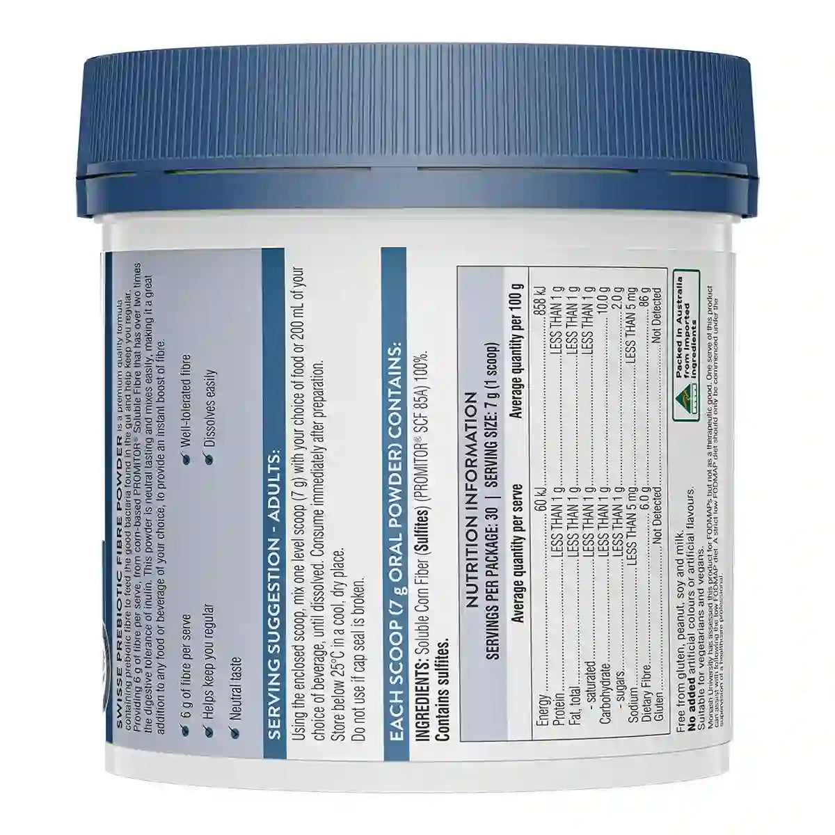 A white plastic jar with a blue lid, showing the back label with text and nutrition information.