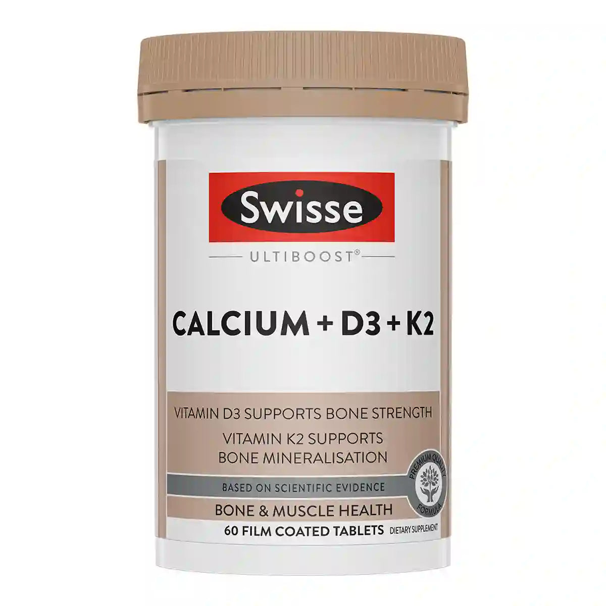 A white plastic bottle of Swisse Ultiboost Calcium + D3 + K2 dietary supplement with a beige cap and a white label.