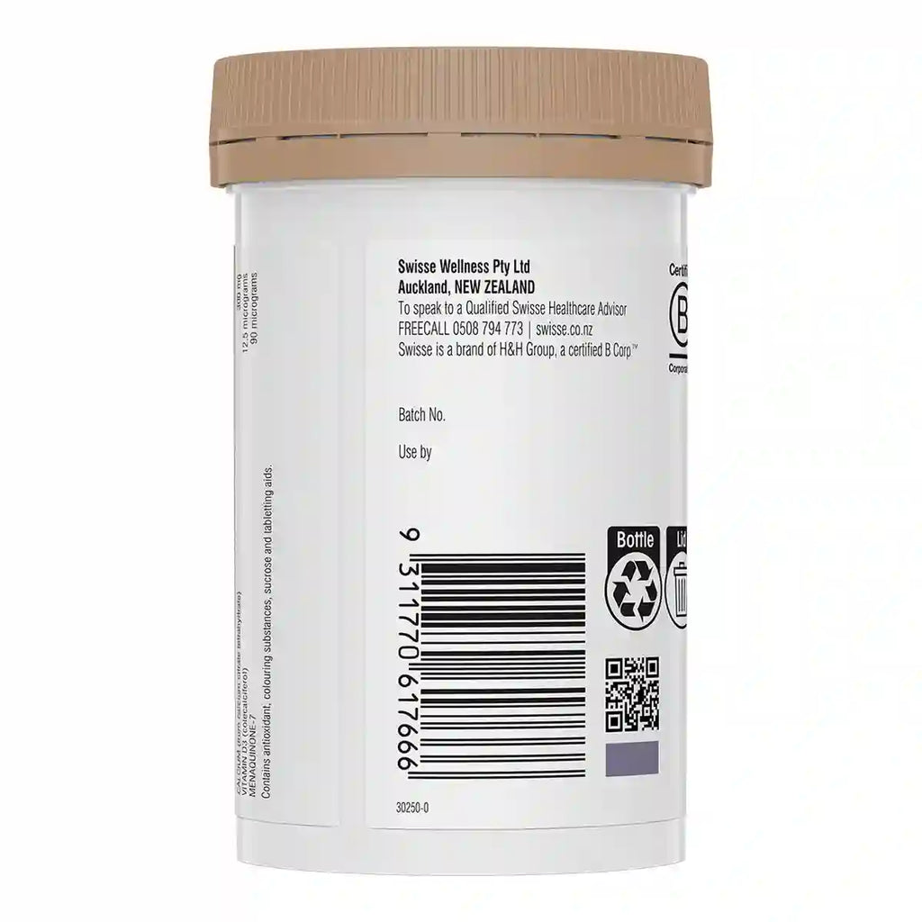 Back view of a white plastic supplement bottle with a beige cap, showing text, a barcode, and recycling symbols.