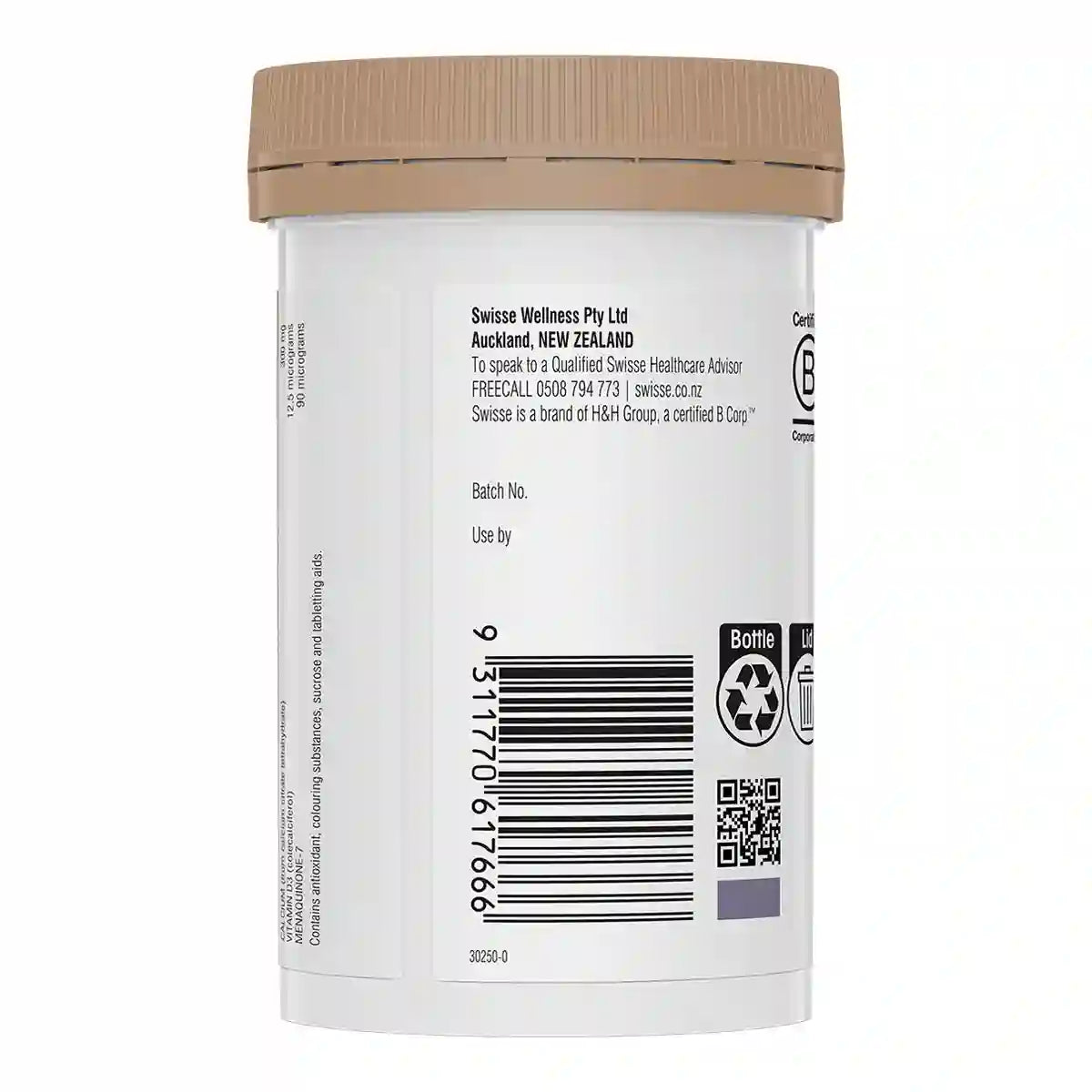 Back view of a white plastic supplement bottle with a beige cap, showing text, a barcode, and recycling symbols.
