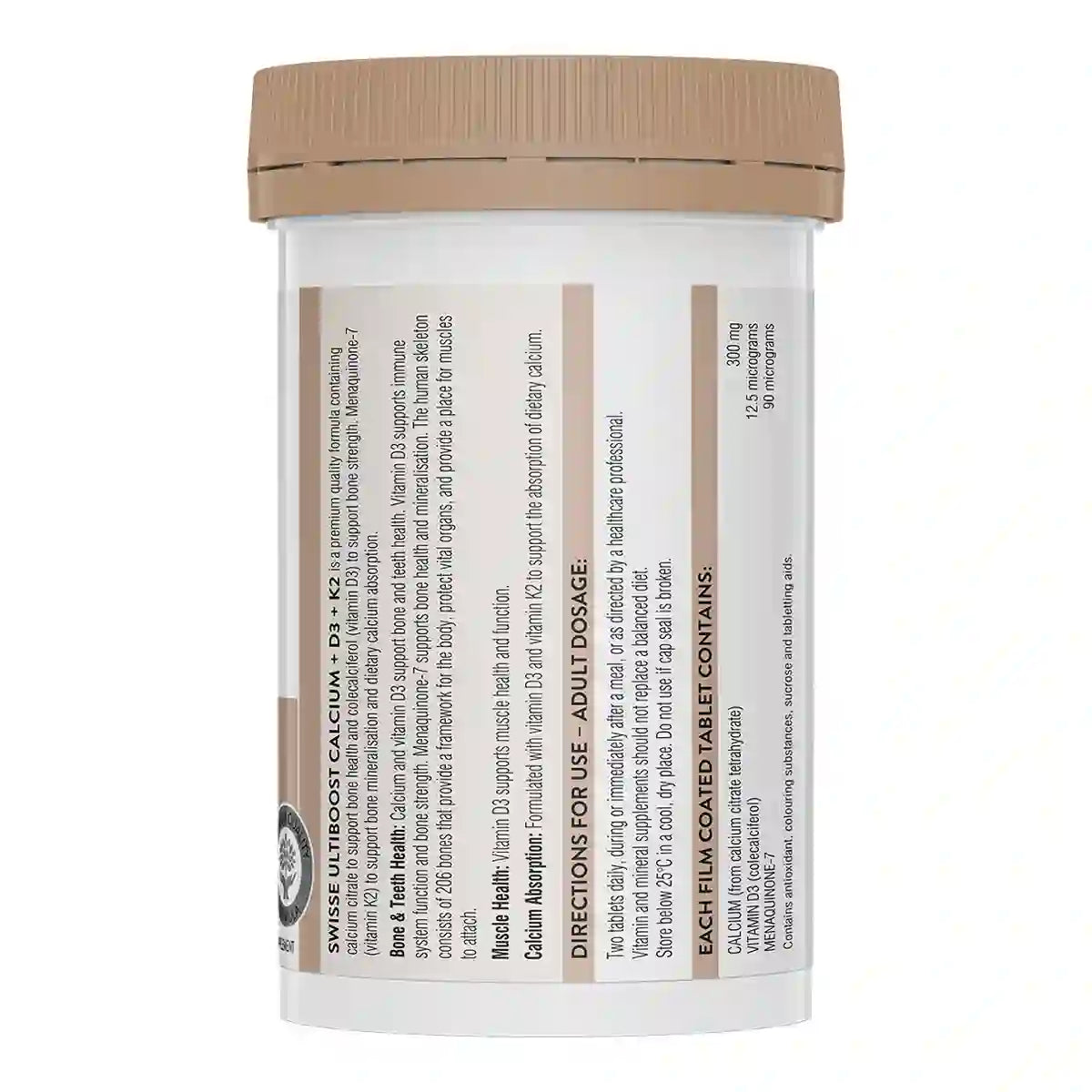 A white plastic supplement bottle with a beige cap, showing the back label with text.