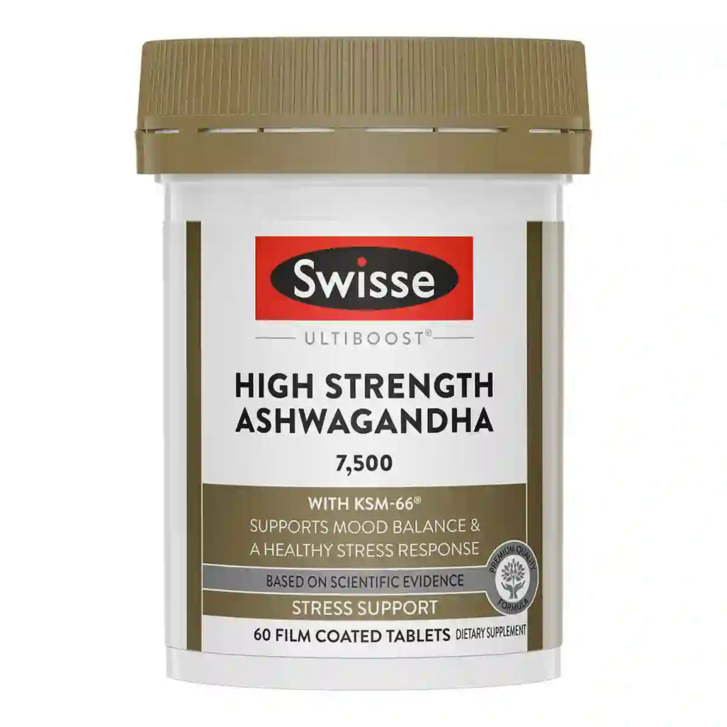 A white plastic bottle of Swisse Ultiboost High Strength Ashwagandha supplement with a brown cap and a brown and white label.
