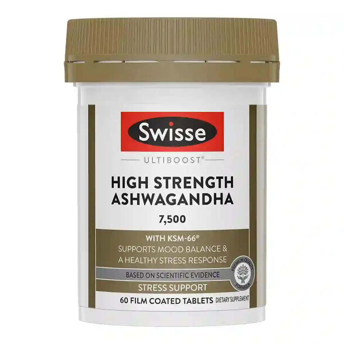 A white plastic bottle of Swisse Ultiboost High Strength Ashwagandha supplement with a brown cap and a brown and white label.
