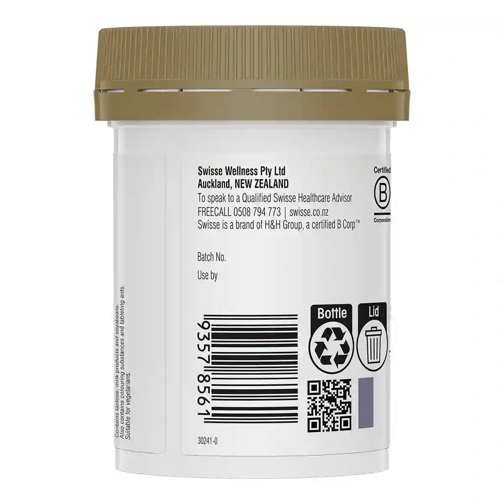 Back view of a white plastic supplement bottle with a brown cap, showing text, a barcode, and recycling symbols.