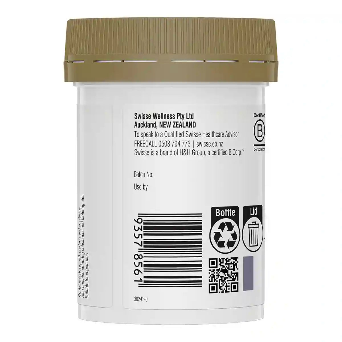 Back view of a white plastic supplement bottle with a brown cap, showing text, a barcode, and recycling symbols.