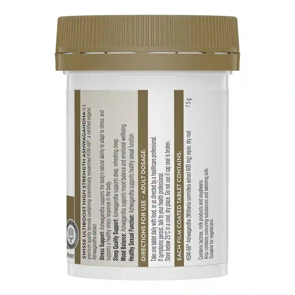 A white plastic bottle of Swisse UltiBoost High Strength Ashwagandha with a brown cap.