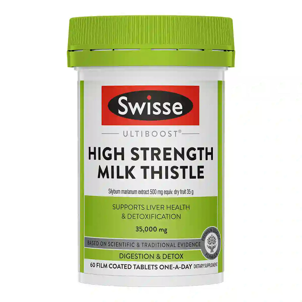 A white plastic bottle of Swisse Ultiboost High Strength Milk Thistle supplement with a bright green cap and a white and green label.
